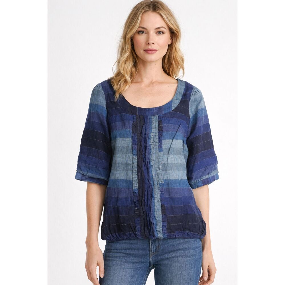 Naf Naf Blue Plaid Lightweight Blouse Size 38 EU/ 6 US Short Sleeve Boho Top